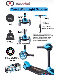 KUT.3 TEKER IŞIKLI TWİST SCOOTER MAVİ 2
