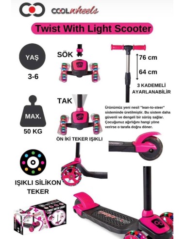 3+ PEMBE 3 TEKER IŞIKLI TWİST SCOOTER