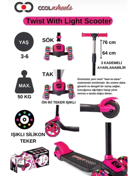 3+ PEMBE 3 TEKER IŞIKLI TWİST SCOOTER