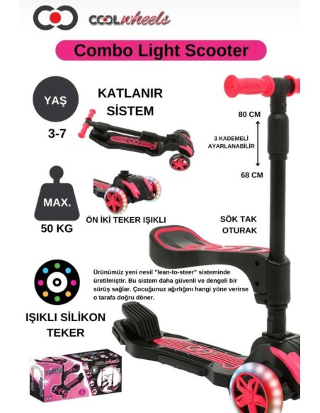 COMBO PEMBE OTURAKLI 3 TEKER IŞIKLI SCOOTER