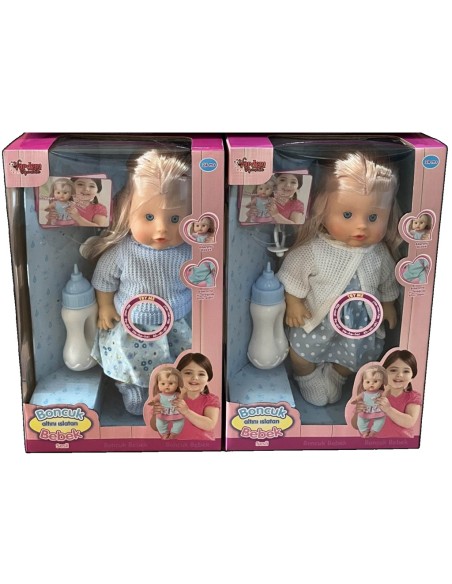 KUT.30 Cm Sesli Emzikli ve Biberonlu Altını Islatan Boncuk Bebek