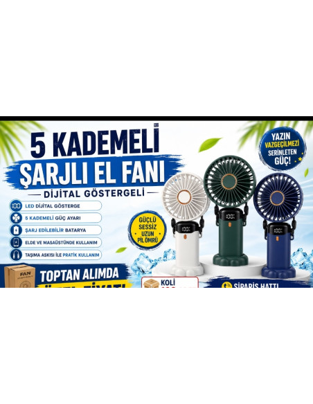 KUT.5 KADEMELİ ŞARJLI FAN DİJİTAL LED KATLANIR BAŞLIKLI